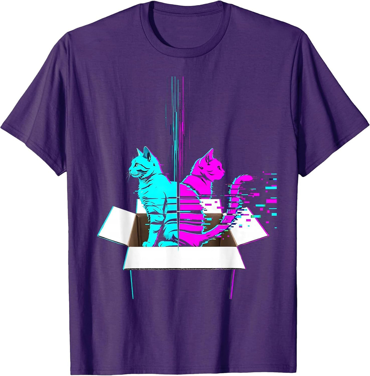 Glitchy Cat Data Strip Quantum Physics Humor T-Shirt - Purple