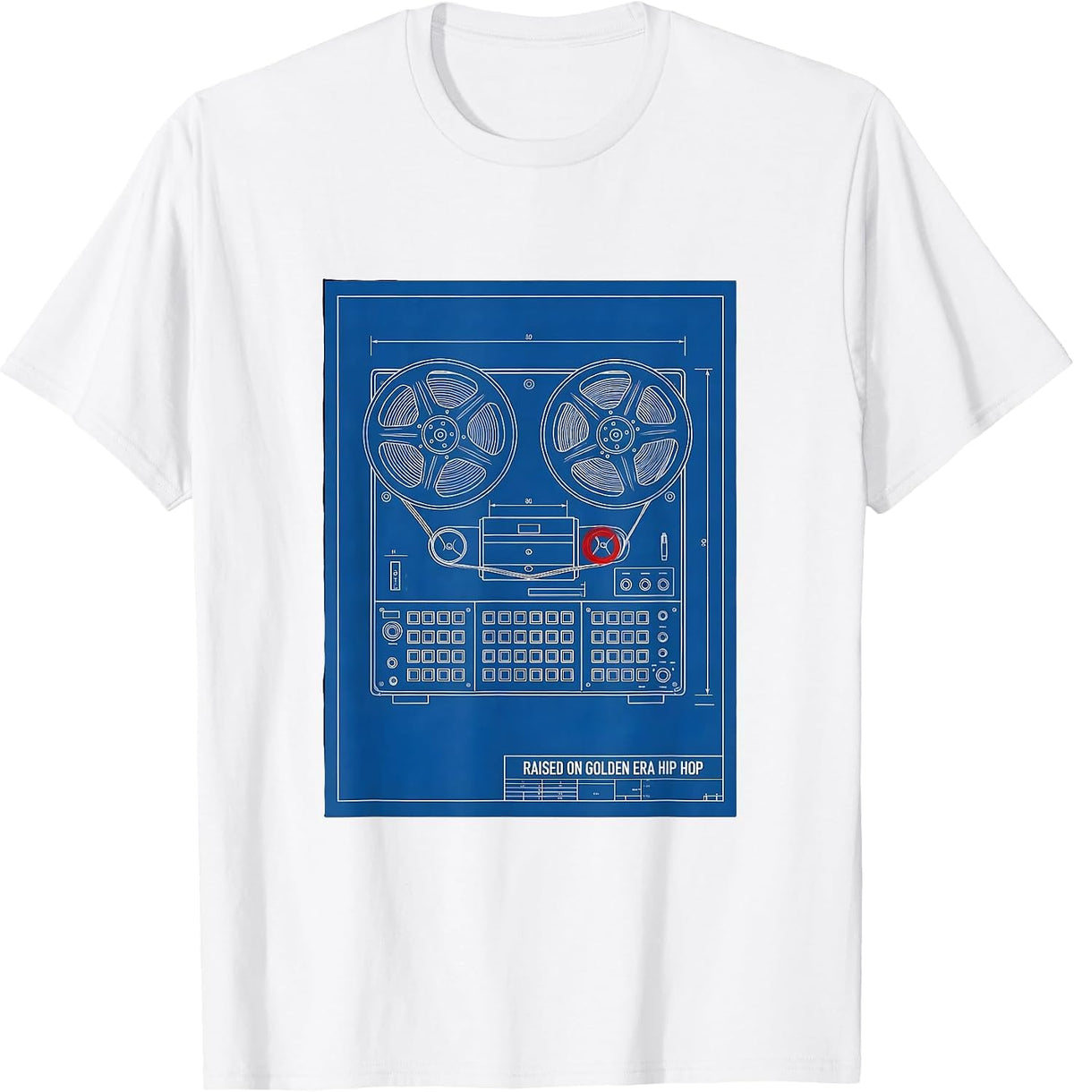 Men's Raised On Golden Era Hip Hop Technical Blueprint Cassette T-Shirt - White