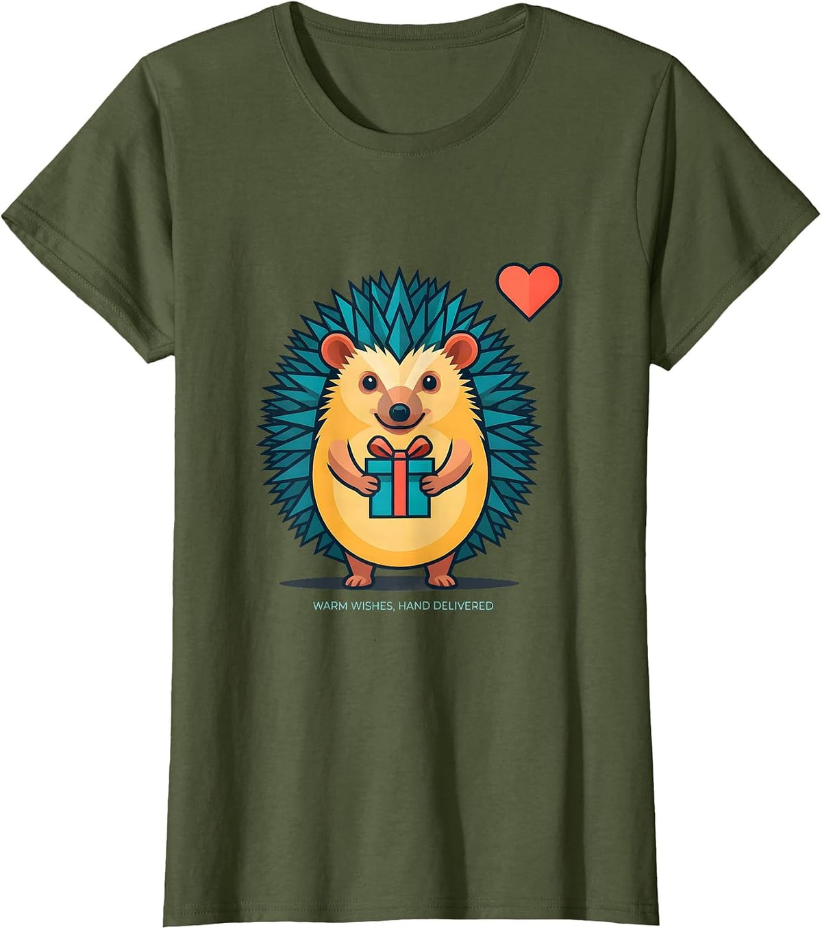 Women's Warm Wishes Hand Delivered Cute Hedgehog Animal Lover Gift T-Shirt - Olive Green
