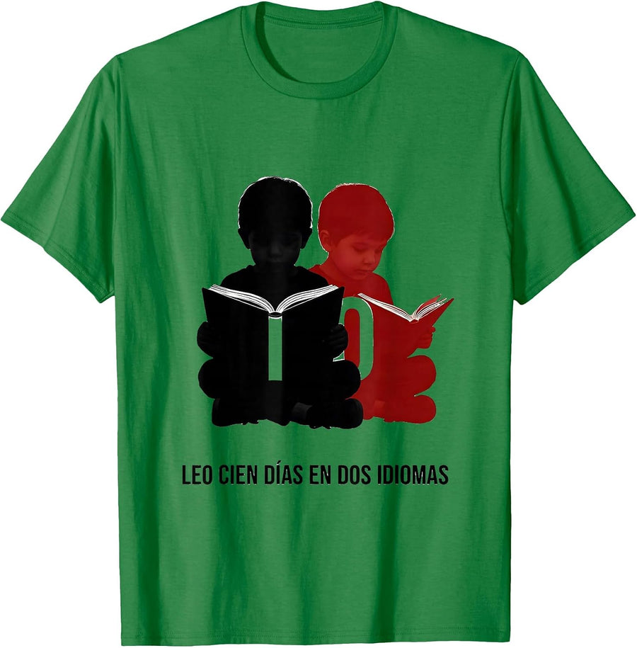 Men's Leo Cien Días en Dos Idiomas Bilingual Spanish Teacher 100th T-Shirt - Kelly Green