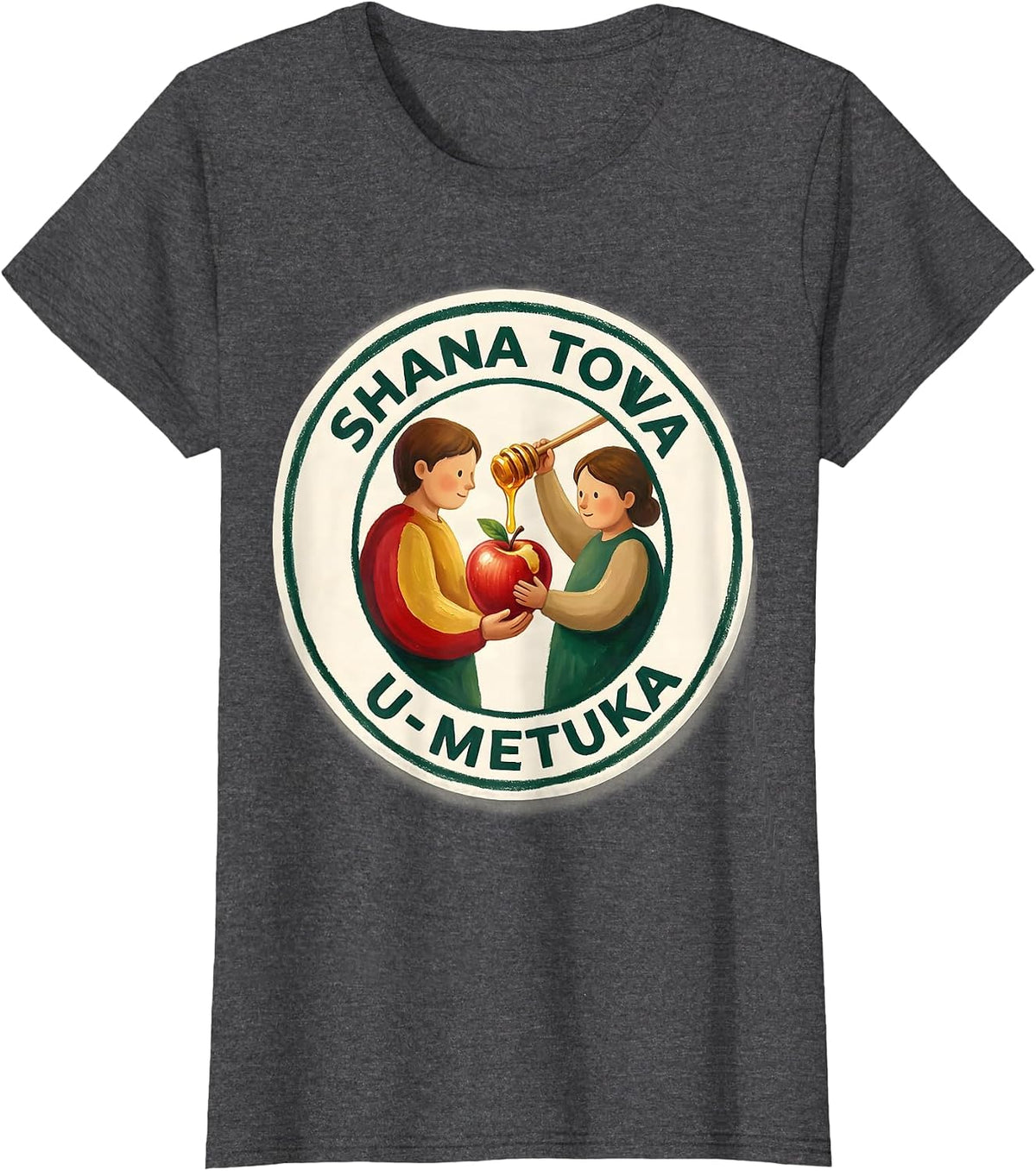 Women's Shana Tova U'Metuka Storybook Rosh Hashanah Apple Honey Pun T-Shirt - Dark Heather Grey