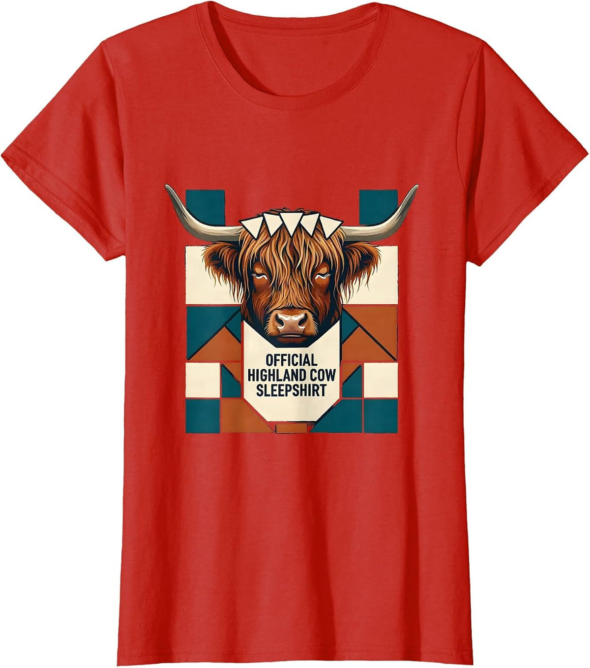 Women's Official Highland Cow Sleepshirt Cozy Quilt Block Patchwork T-Shirt - Red
