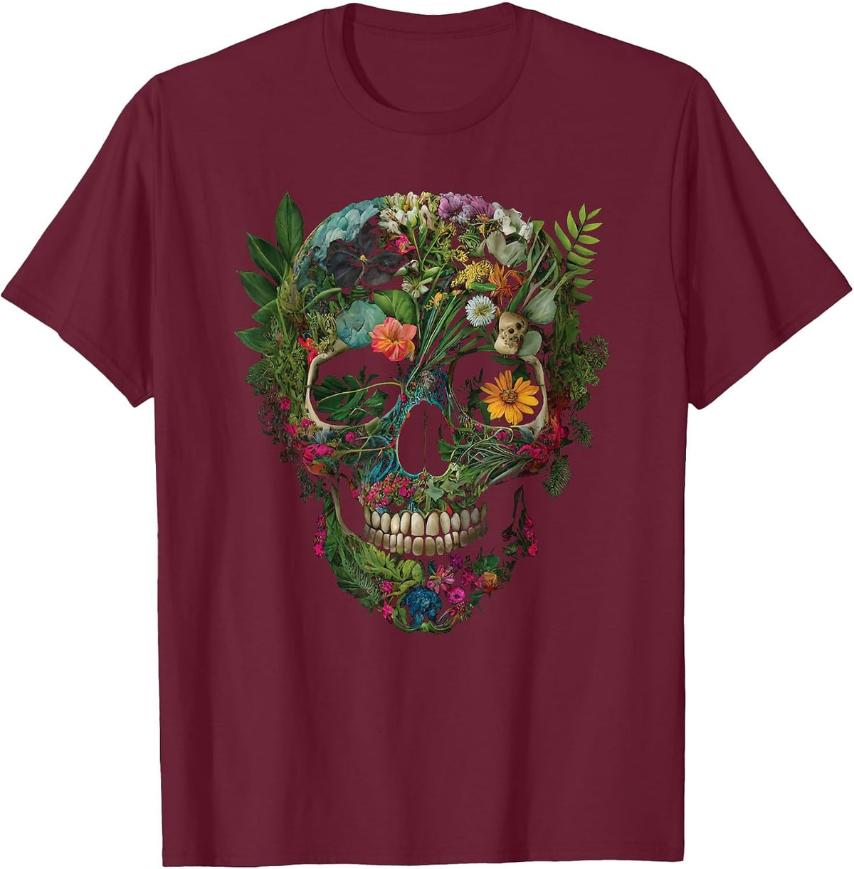 Haunted Botanical Garden Human Skull with Flowers and Plants T-Shirt - Burgundy