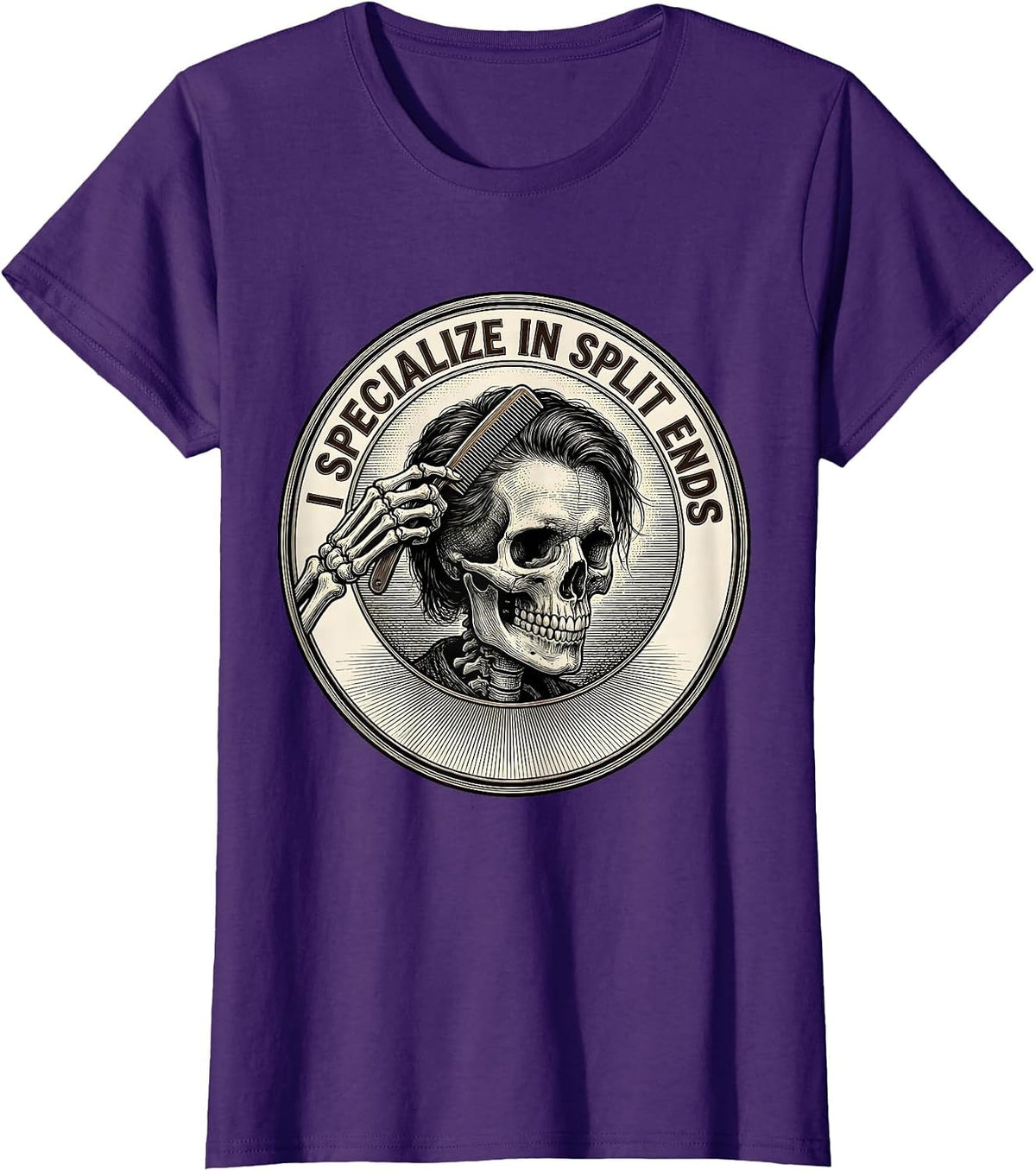 Women's I Specialize In Split Ends Funny Skeleton Hairstylist T-Shirt - Purple
