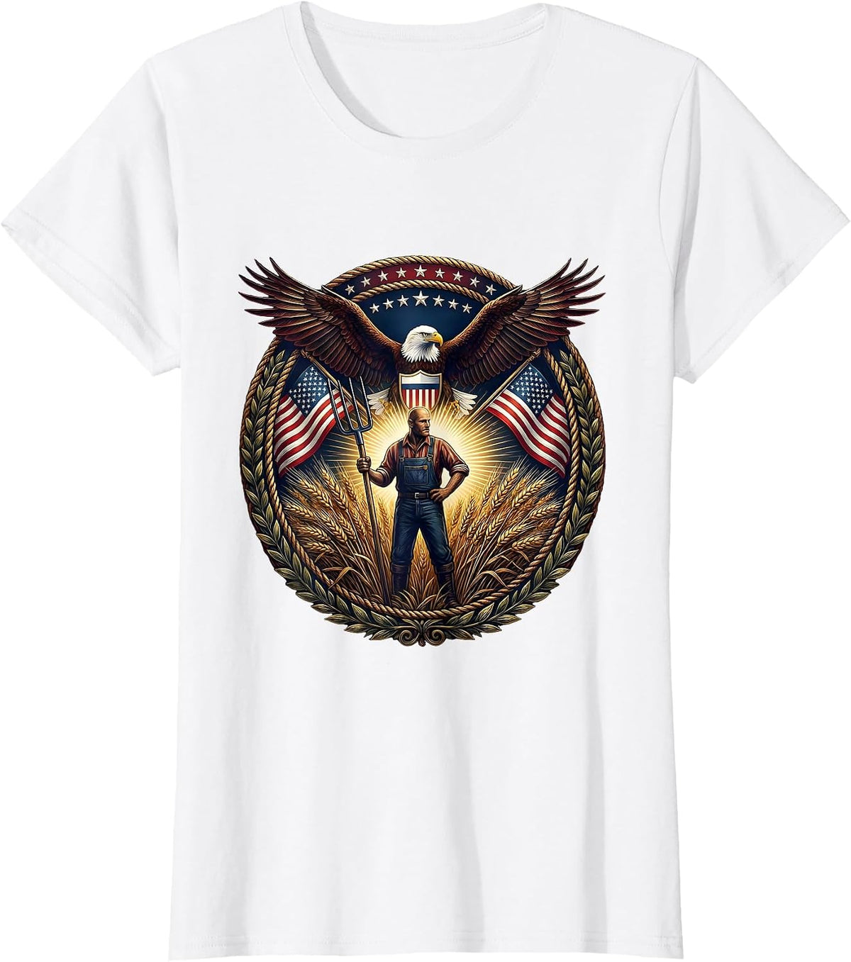 Women's Farmer Pitchfork Wheat Field Harvest Illustration T-Shirt - White