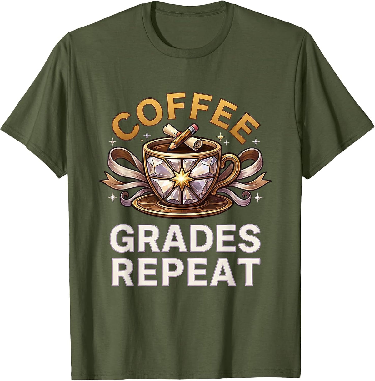 Men's Coffee Grades Repeat 4th Grade Teacher Design T-Shirt - Olive Green