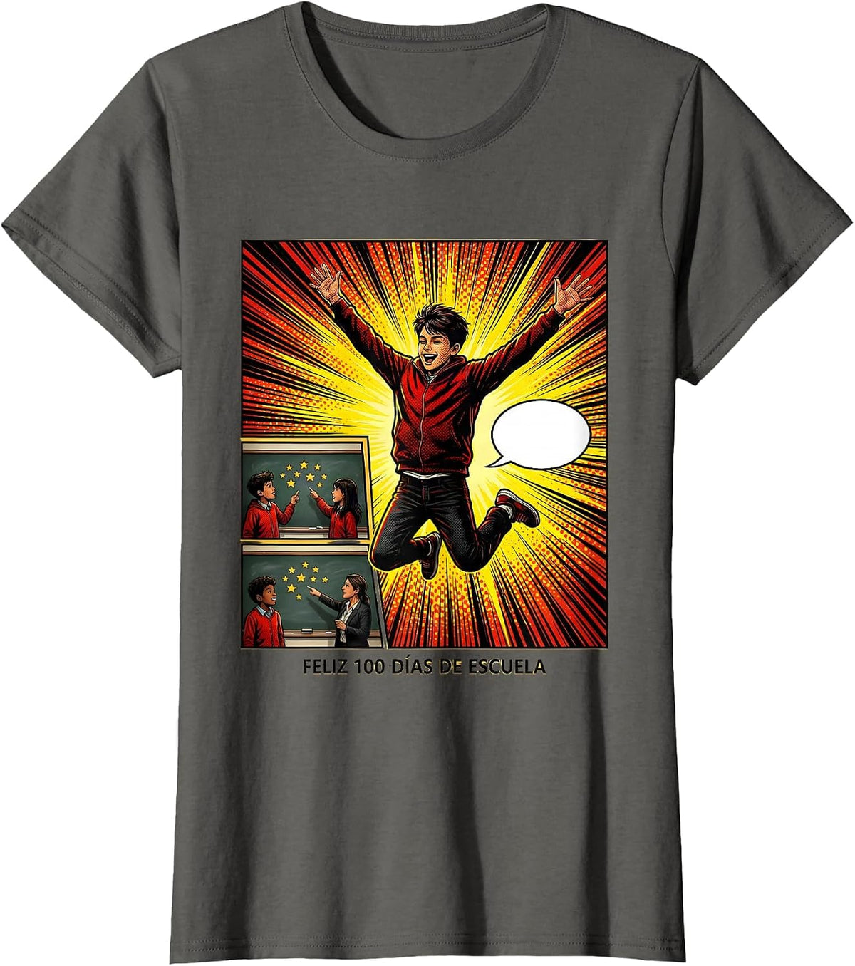 Women's Feliz 100 Días de Escuela Comic Book Spanish Teacher 100th T-Shirt - Asphalt Grey