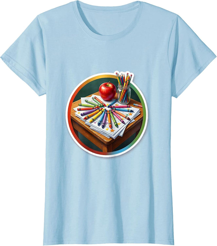 Women's Elementary Teacher Crayon Desk Graphic Tee T-Shirt - Baby Blue