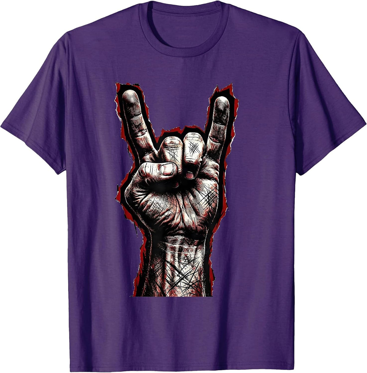 Giant Devil Horns Hand Heavy Metal Graphic T-Shirt - Purple