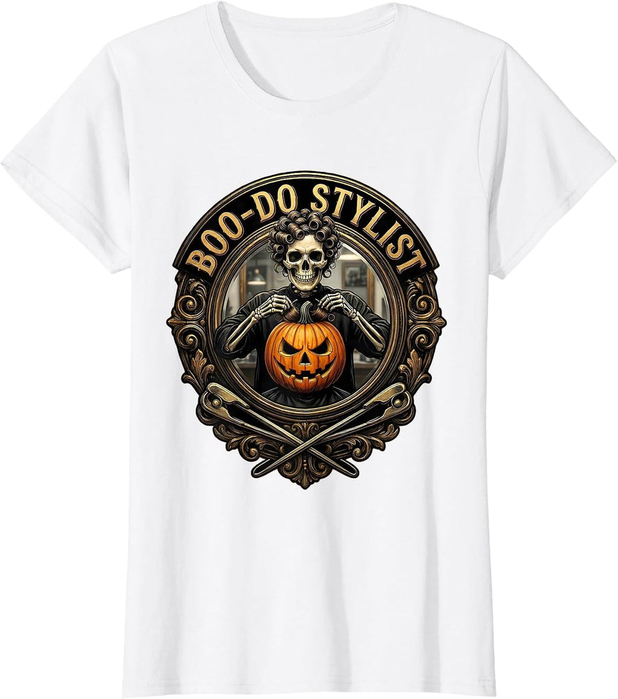 Women's Boo-Do Stylist Skeleton Hairstylist Halloween Barber Humor T-Shirt - White