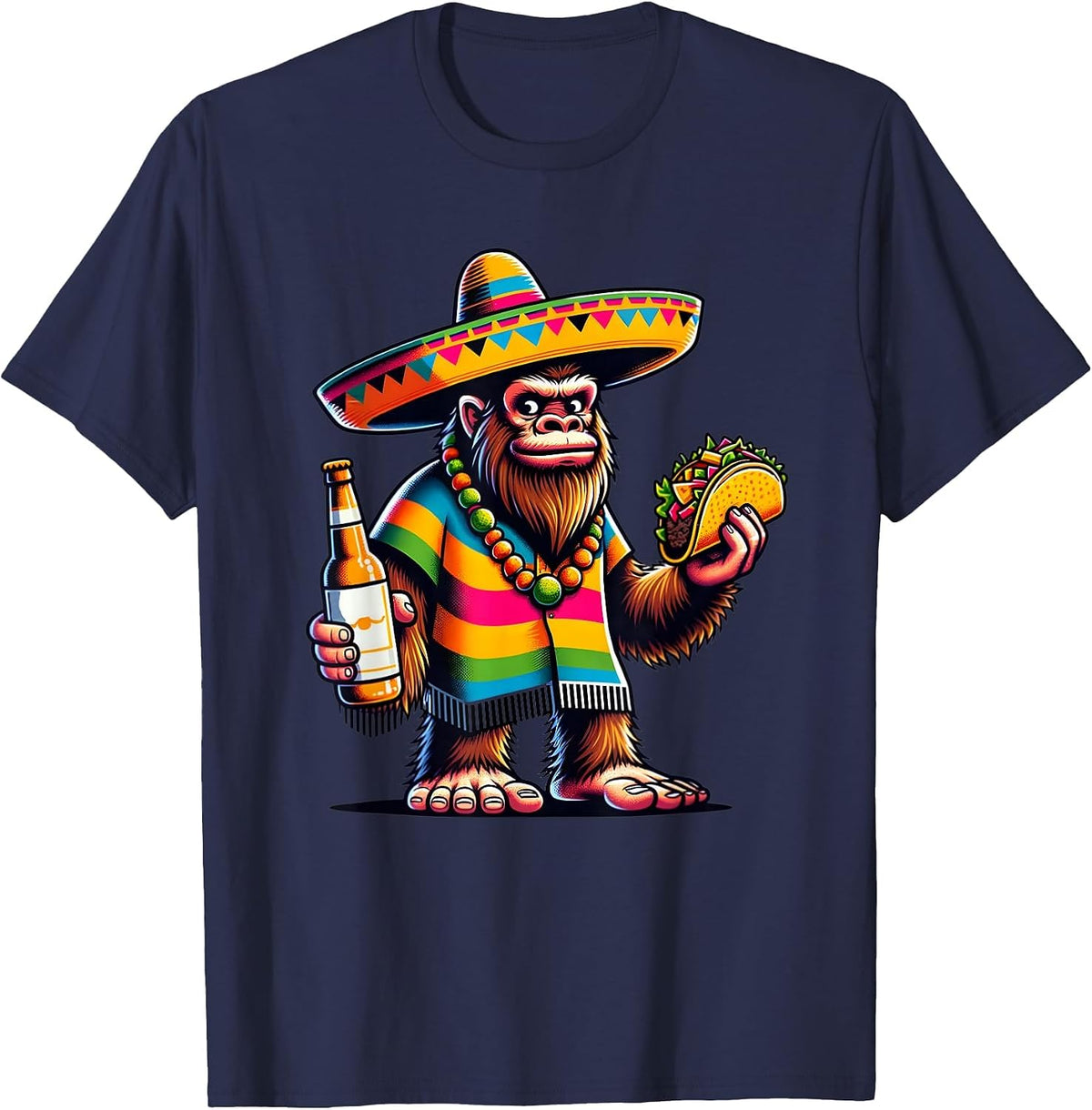 Funny Bigfoot with Taco & Beer Sasquatch Cinco de Mayo T-Shirt - Navy Blue