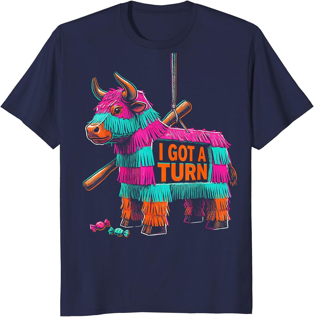 Men's I Got A Turn Risograph Bull Piñata Cinco De Mayo Party T-Shirt - Navy Blue