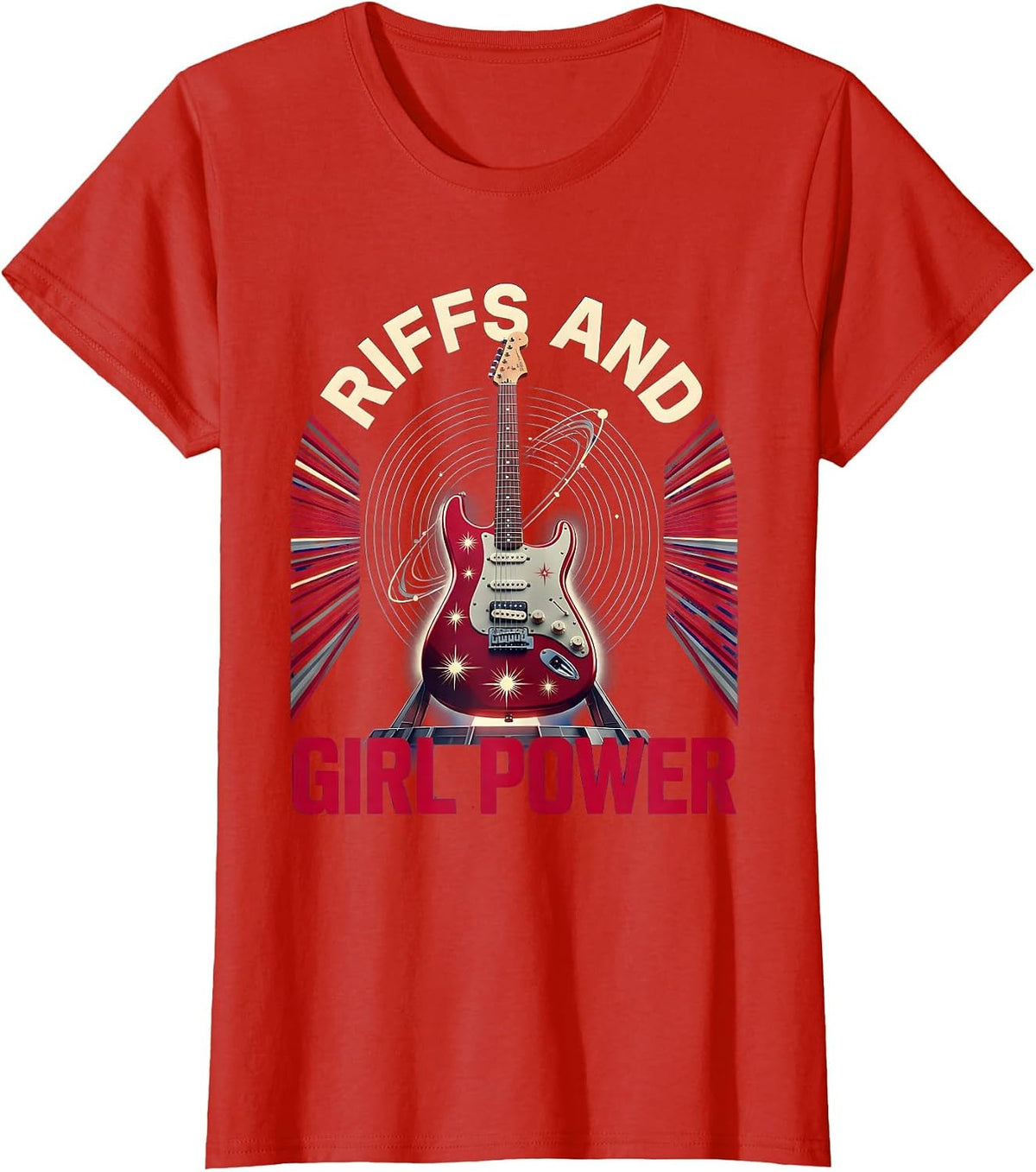 Women's Riffs and Girl Power Rock Band Design T-Shirt - Red