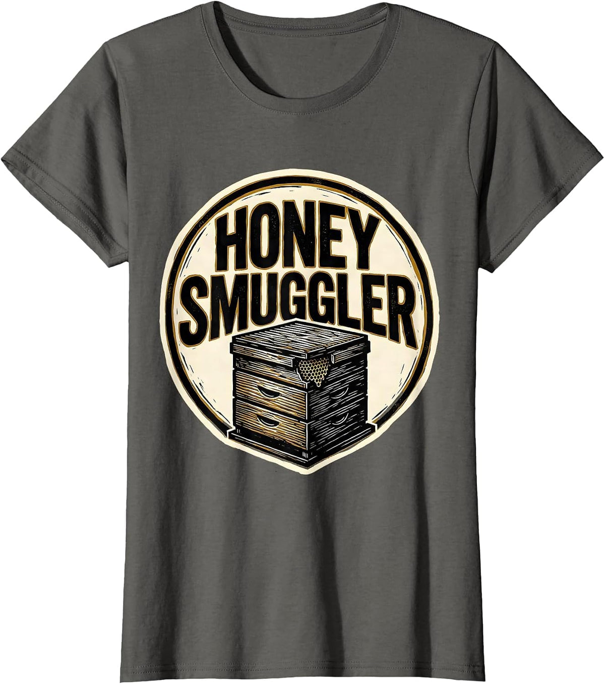 Women's Honey Smuggler Linocut Beekeeper Humor Vintage Craft Pride T-Shirt - Asphalt Grey