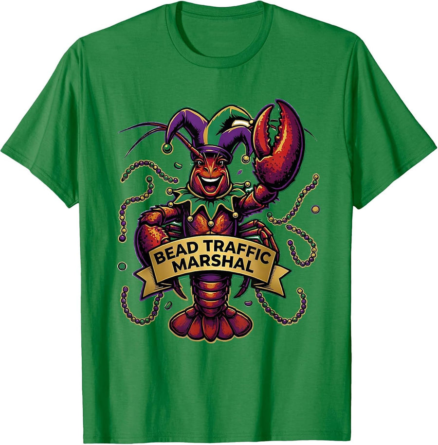 Men's Bead Traffic Marshal Funny Crawfish Jester Mardi Gras Party T-Shirt - Kelly Green