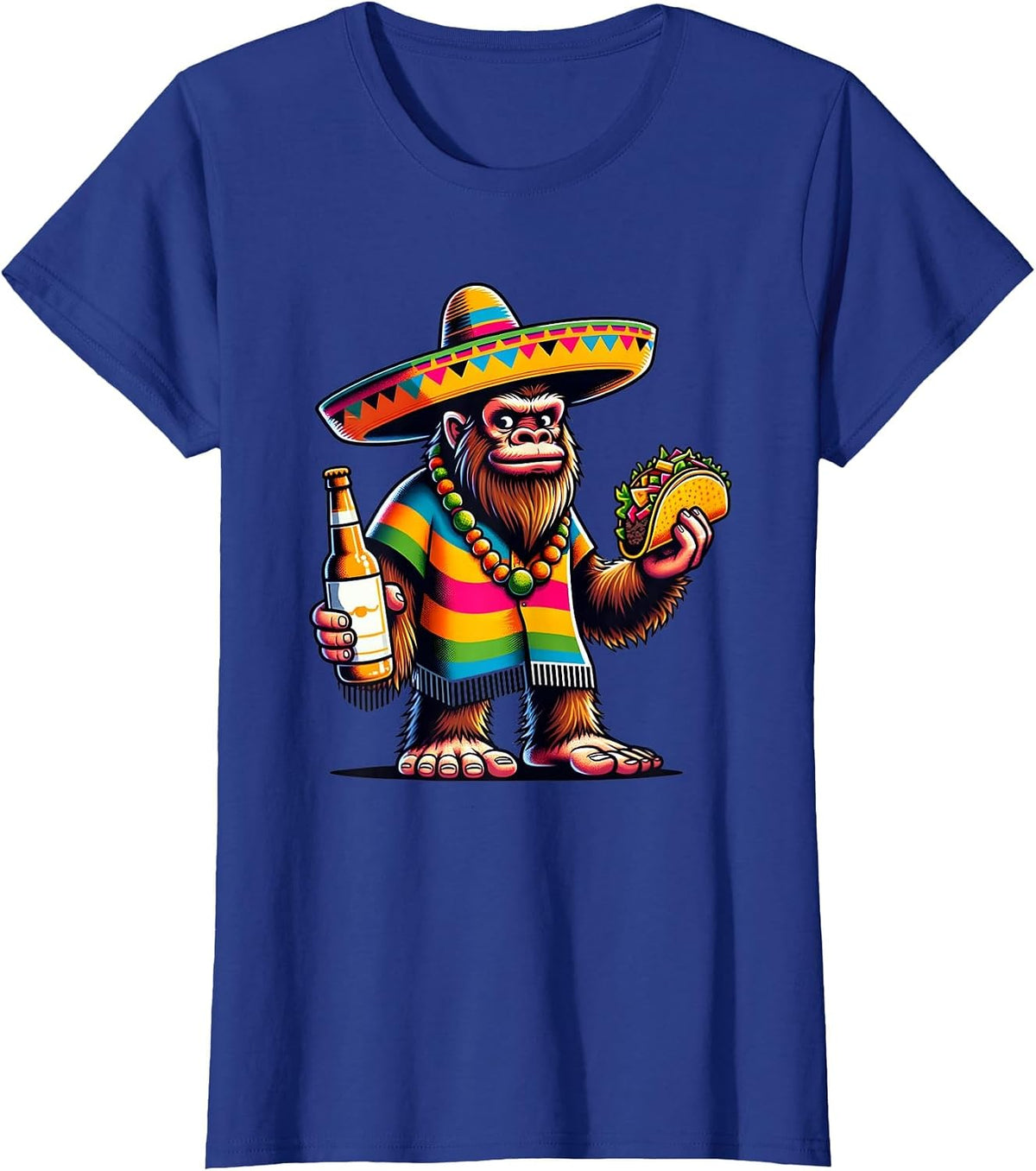 Funny Bigfoot with Taco & Beer Sasquatch Cinco de Mayo T-Shirt - Royal Blue