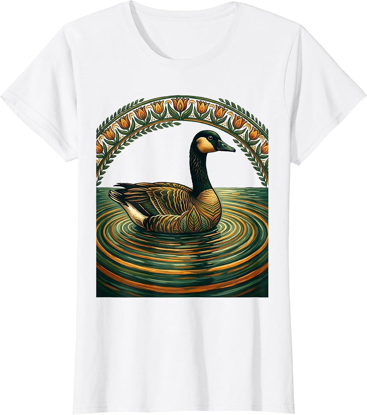 Goose Silhouette Misty Lake at Dawn Graphic T-Shirt - White