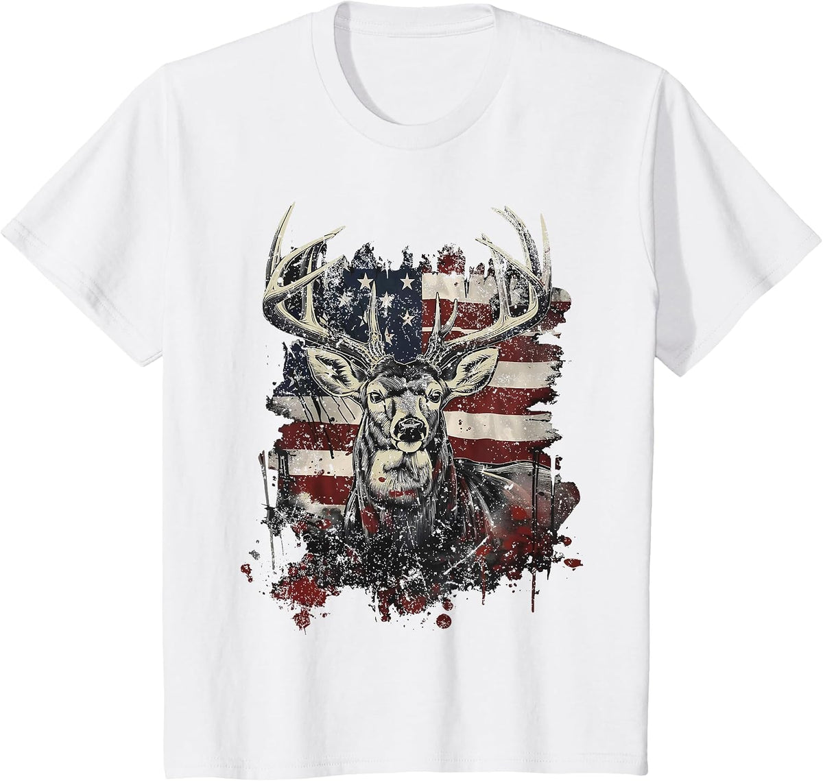 Buck White Tail Deer Hunting Hunter Distressed American Flag T-Shirt - White