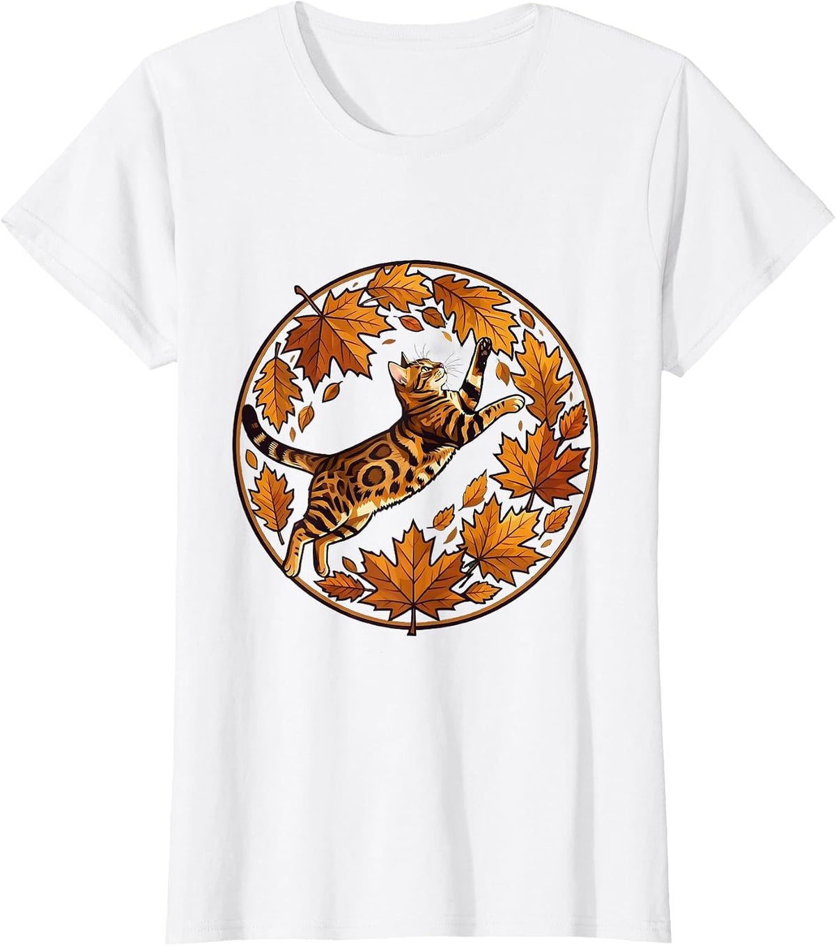 Women's Bengal Cat Chasing Autumn Leaves Fall Design T-Shirt - White