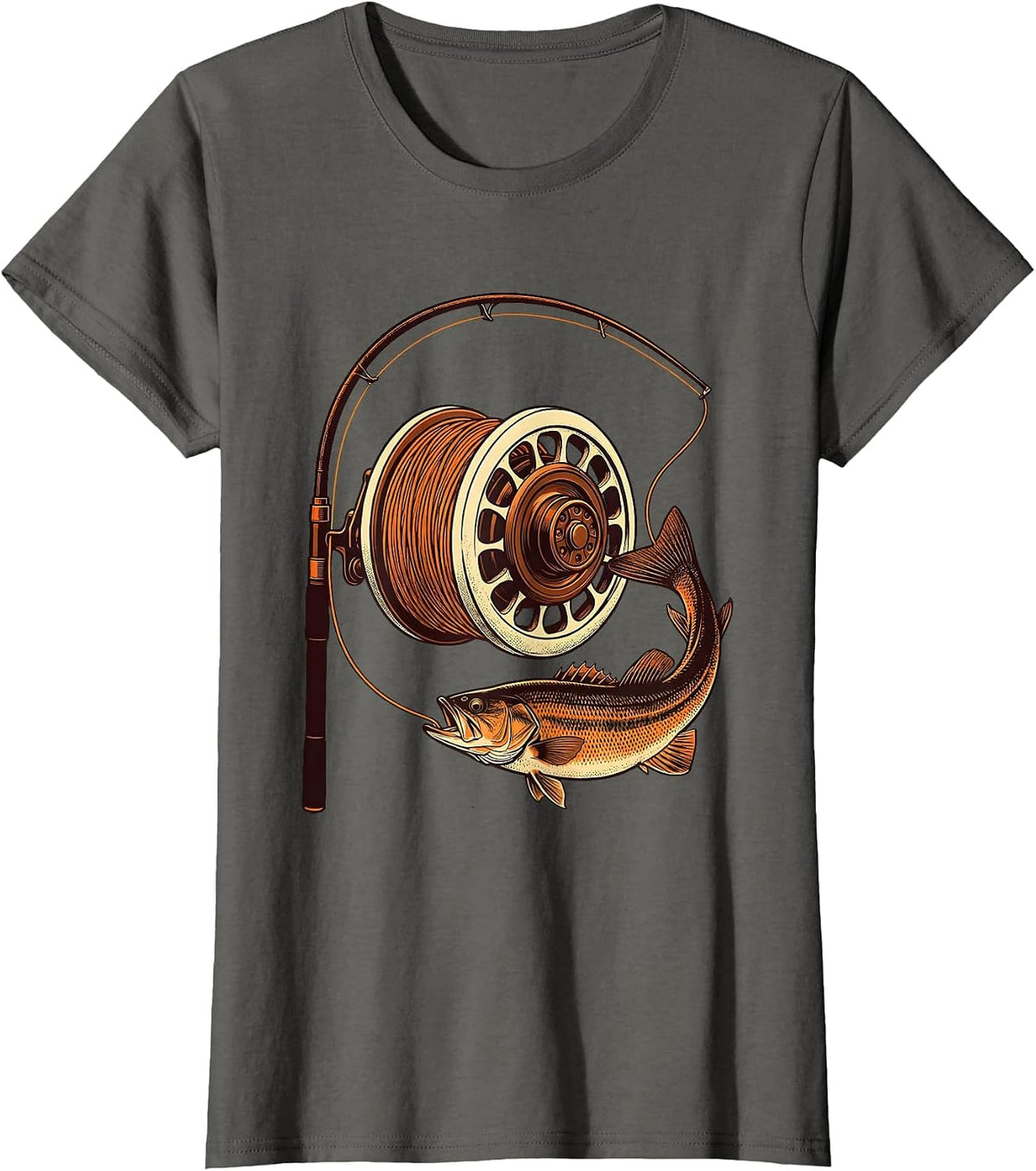 Women's Spinning Reel and Bass Fisherman Humor T-Shirt - Asphalt Grey