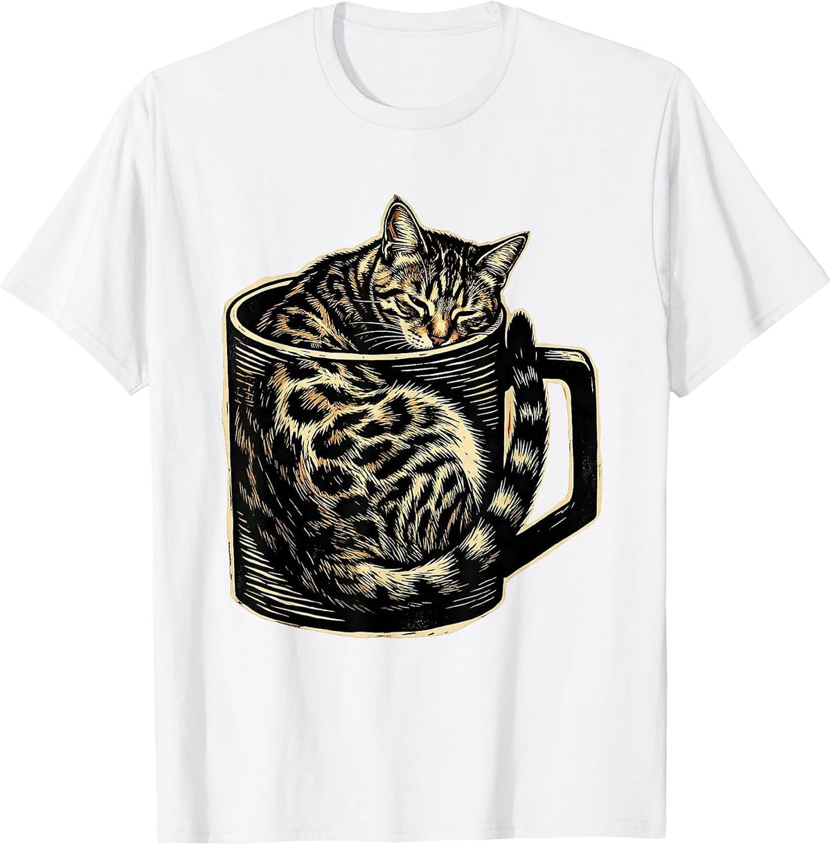 Men's Bengal Cat Curled in Coffee Mug Cute Cozy Design T-Shirt - White
