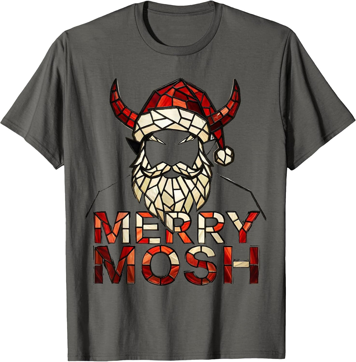 Men's Merry Mosh Stained Glass Heavy Metal Santa Parody Christmas T-Shirt - Asphalt Grey