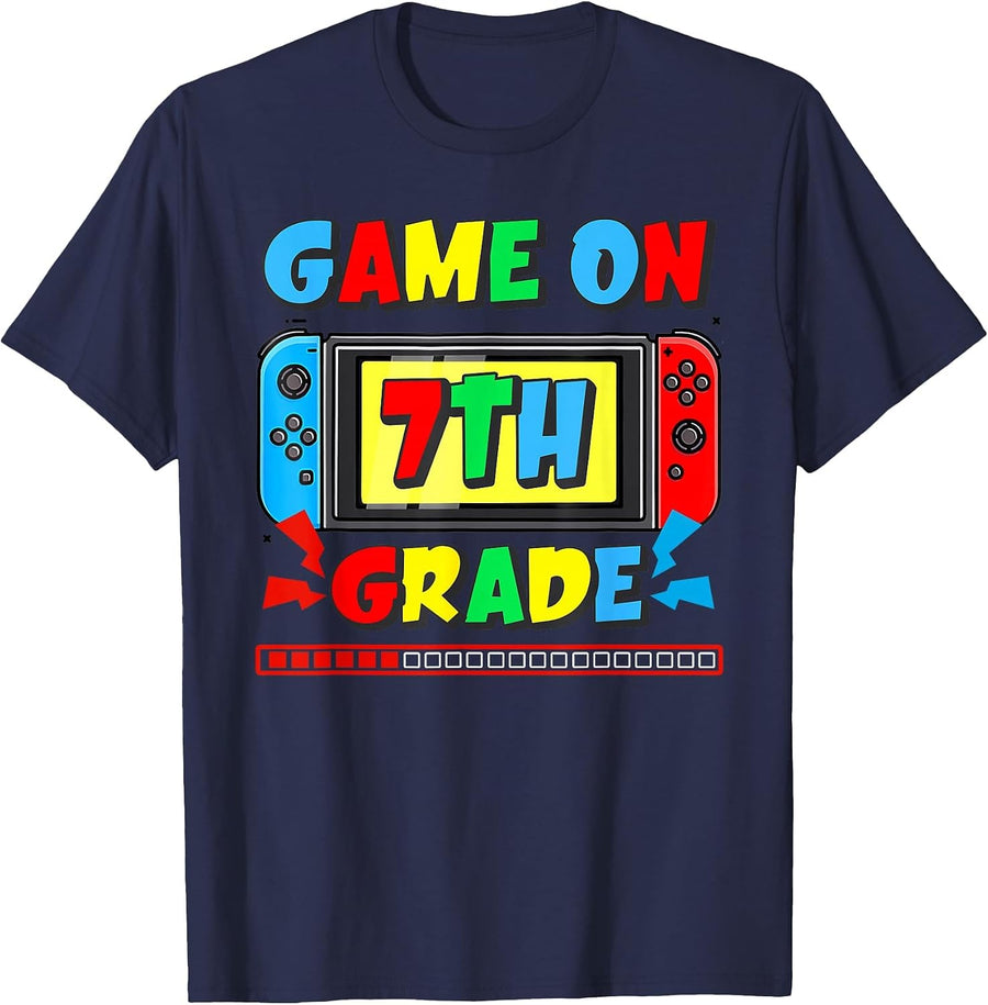Back to School Game On 7th Grade Funny Gamer Kids Boys T-Shirt - Navy Blue