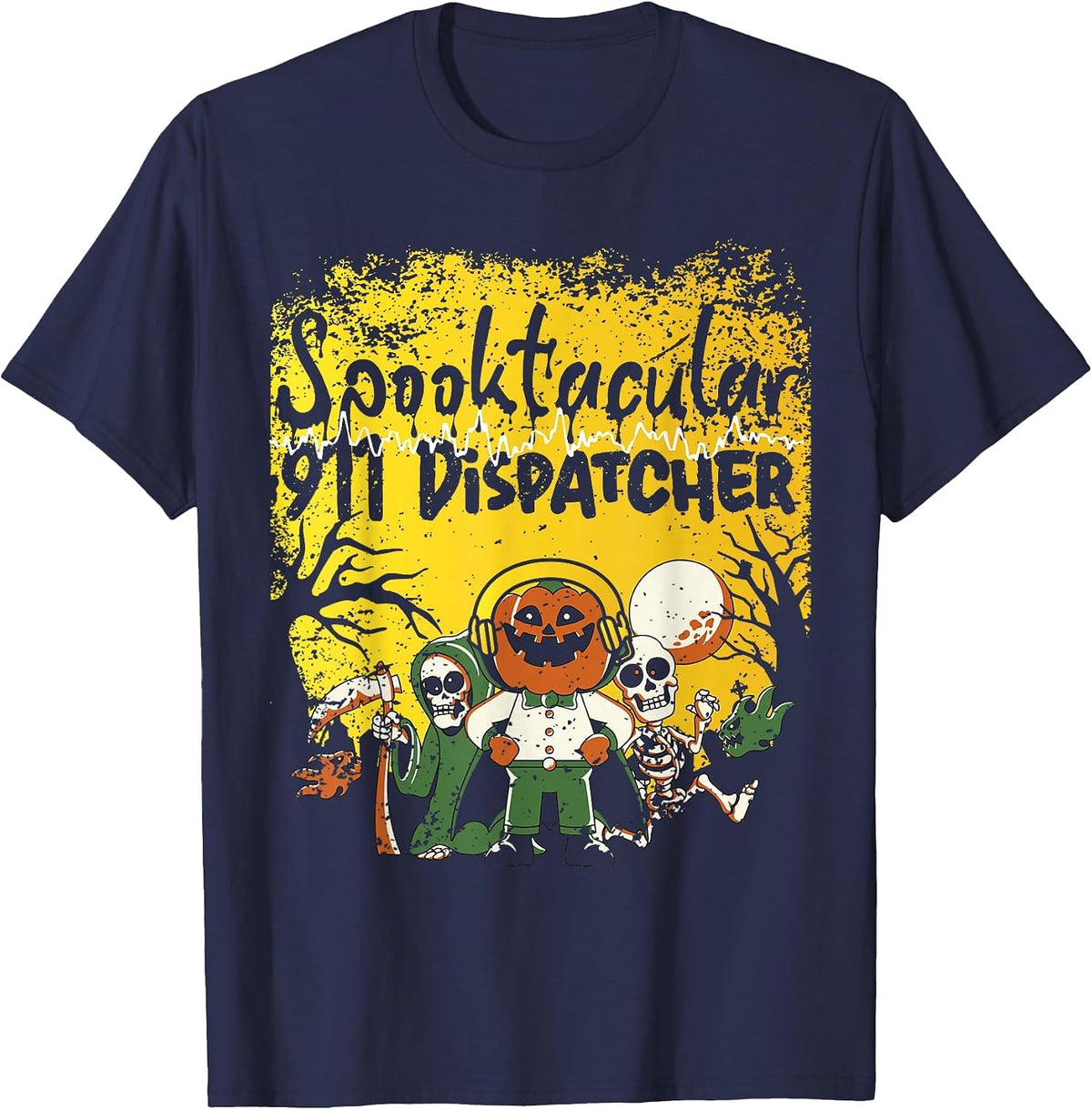 911 Dispatcher Thin Gold Yellow Line Halloween Costume T-Shirt - Navy Blue