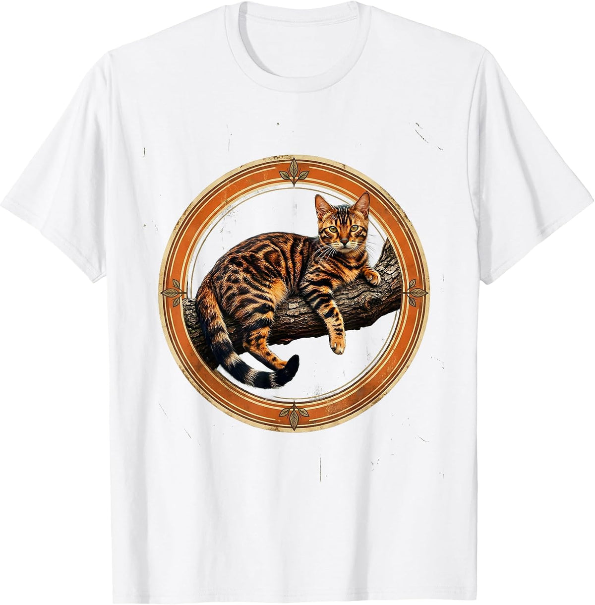 Bengal Cat Draped Over Tree Branch Art T-Shirt - White