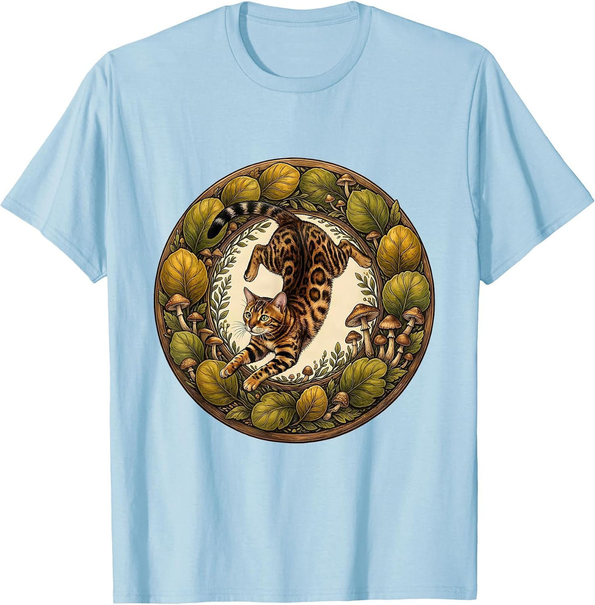 Bengal Cat Leaping Through Jungle Leaves T-Shirt - Baby Blue