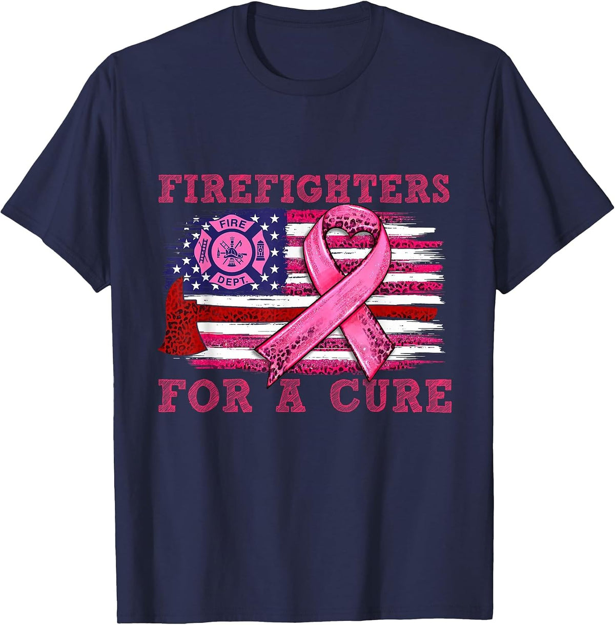 Breast Cancer Awareness Firefighter for a Cure American Flag T-Shirt - Navy Blue