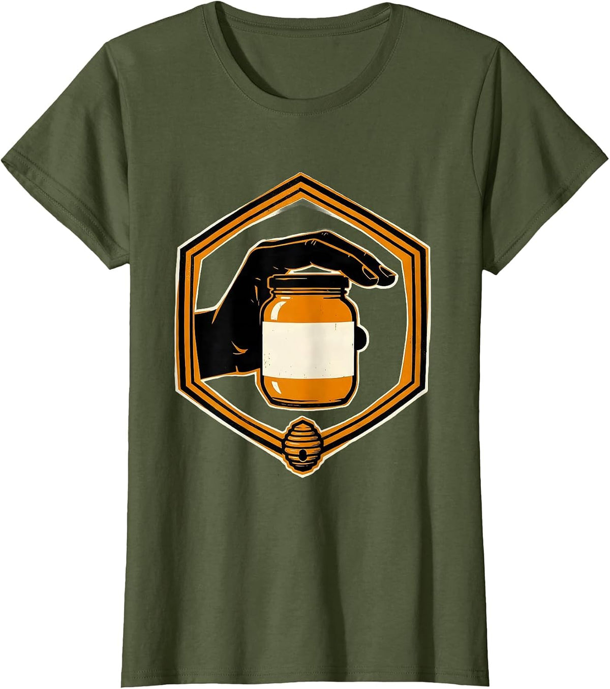 Women's Honey Jar Badge Screenprint Poster Beekeeper Market Stall T-Shirt - Olive Green