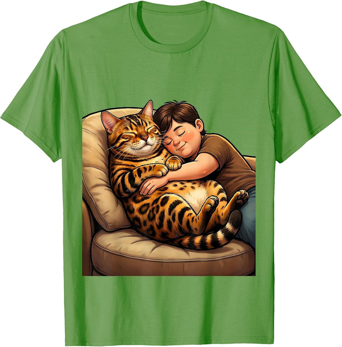 Men's Bengal Cat Napping With Owner Cozy Couch Scene T-Shirt - Grass Green