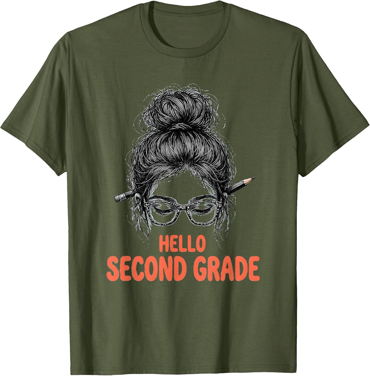 Hello Second Grade Back To School Messy Bun Funny Girls T-Shirt - Olive Green