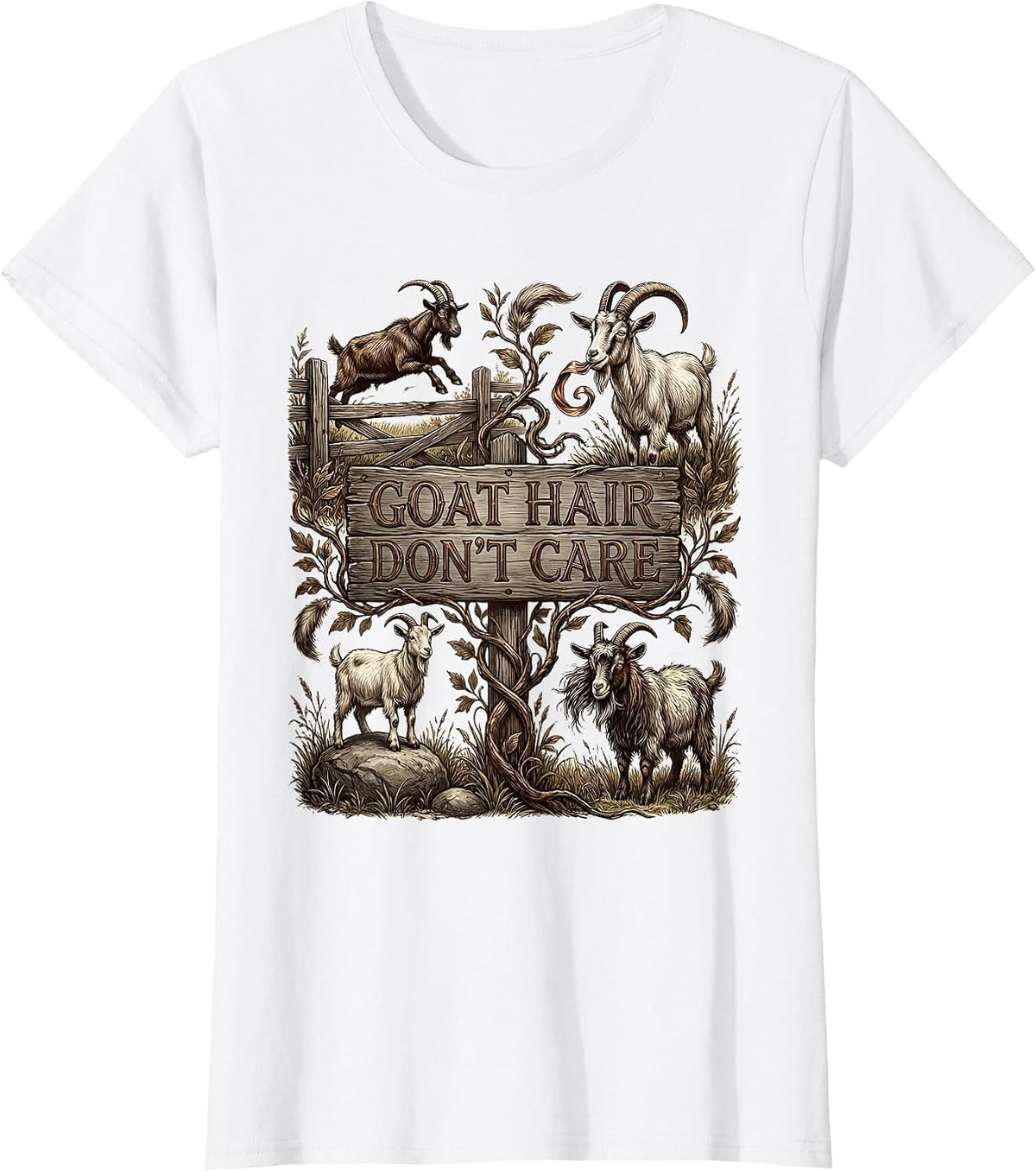 Women's Goat Hair Don't Care Funny Goat Lover Design T-Shirt - White