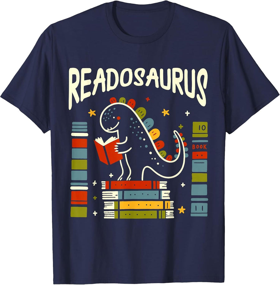 Readosaurus Funny Dinosaur Book Reading Lover Men Women Kids T-Shirt - Navy Blue