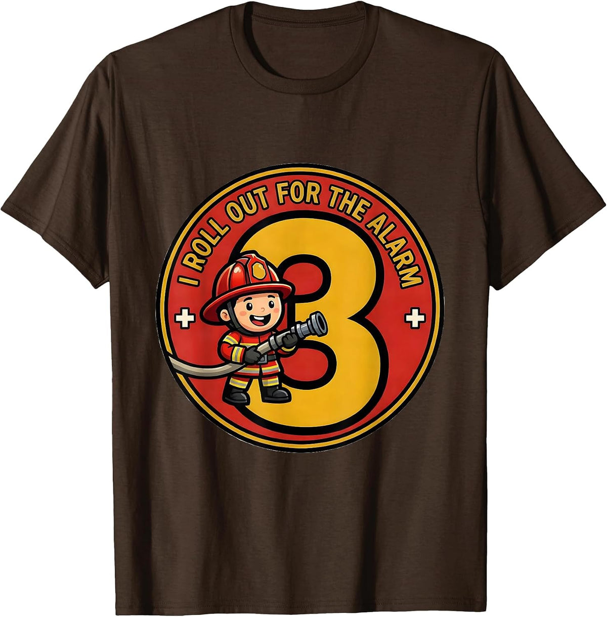 I Roll Out For The Alarm — 3 Cartoon Firefighter Toddler Boy T-Shirt - Brown