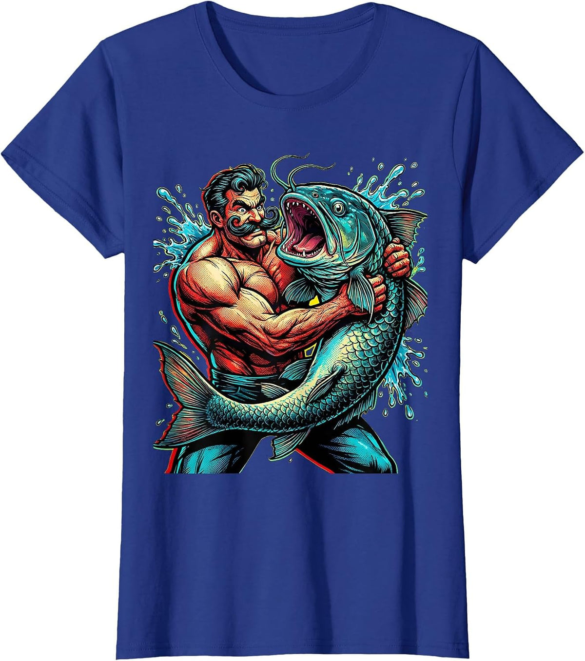 Women's Catfish Wrestling Mustached Fighter Novelty Graphic T-Shirt - Royal Blue