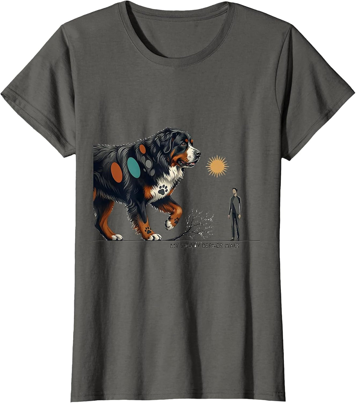 Women's My Steady Berner Walk Midcentury Modern Bernese Mountain Dog T-Shirt - Asphalt Grey
