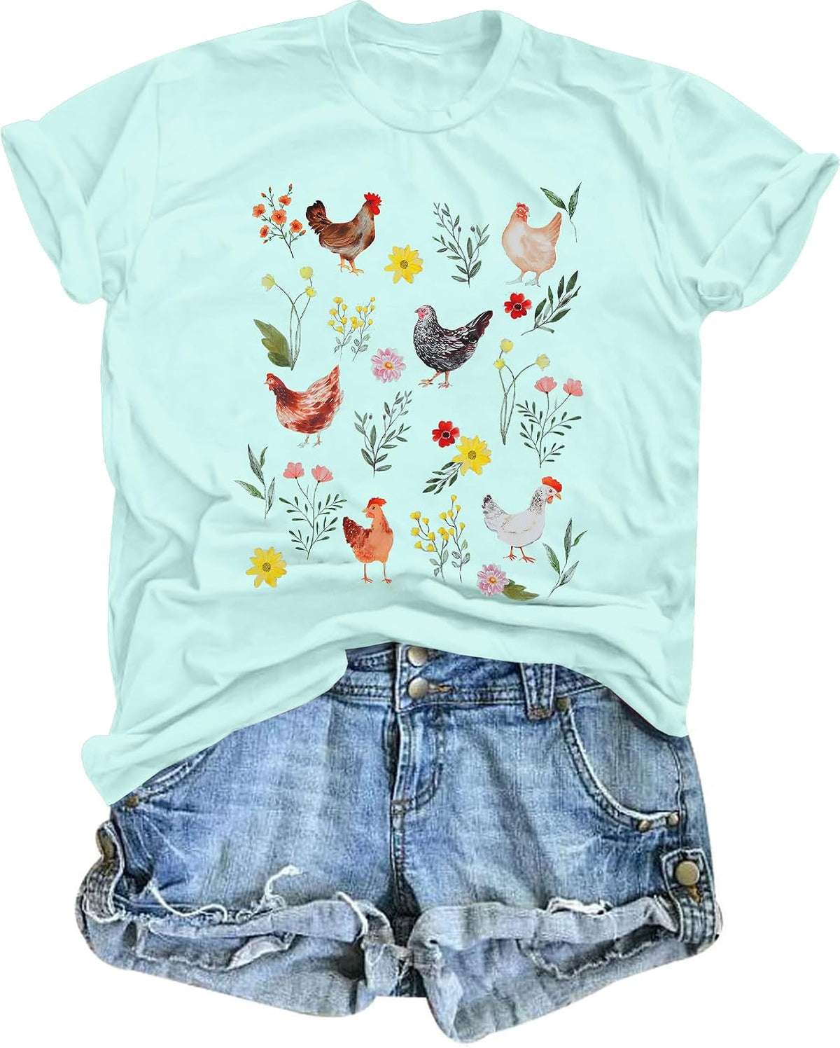 Chicken Shirt Women Wildflower Chicken Shirt Cute Chicken Mom T-Shirt Farm Country Casual Tee Tops - Green