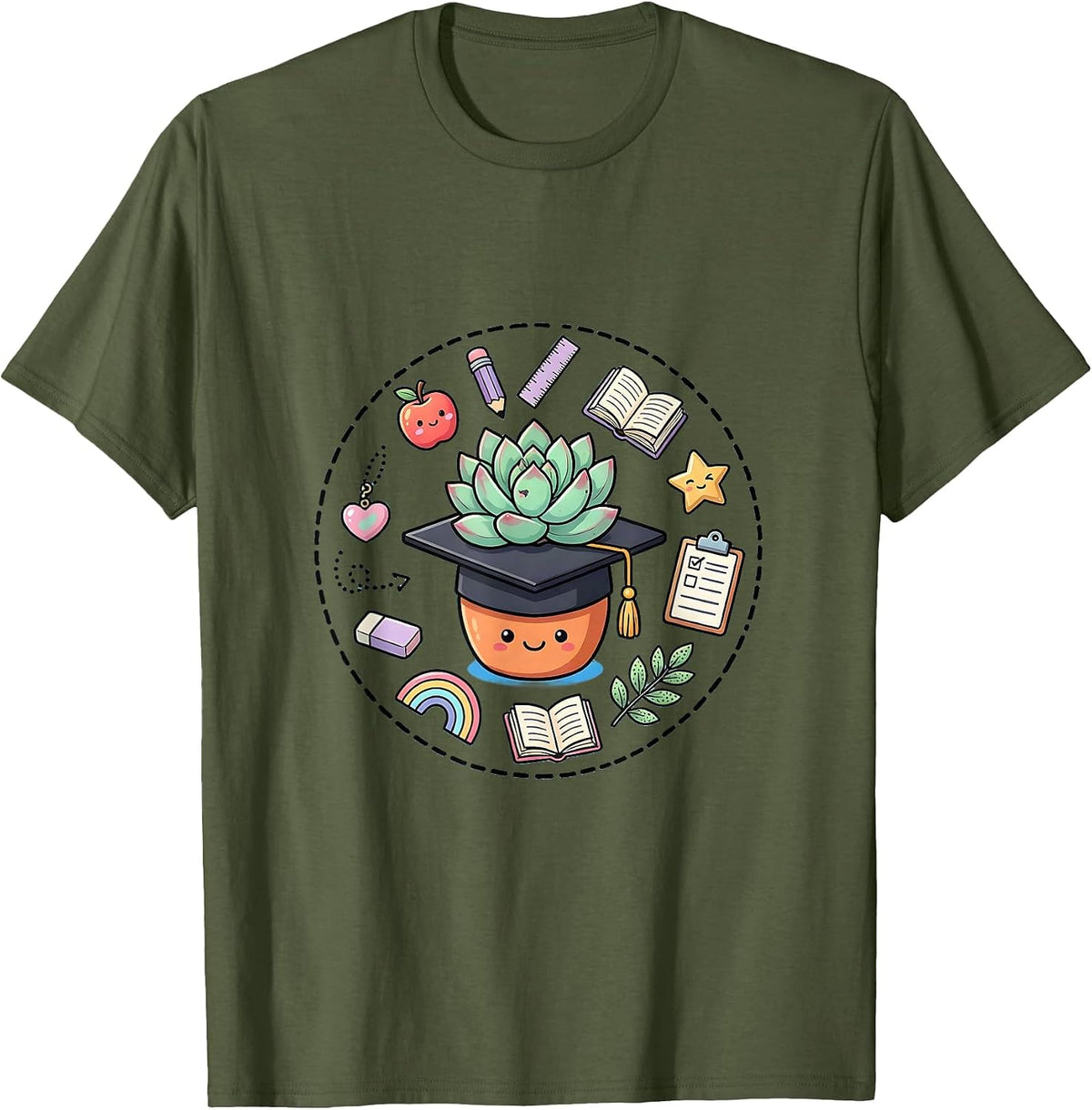 Men's Elementary Teacher Graduation Potted Plant Design T-Shirt - Olive Green