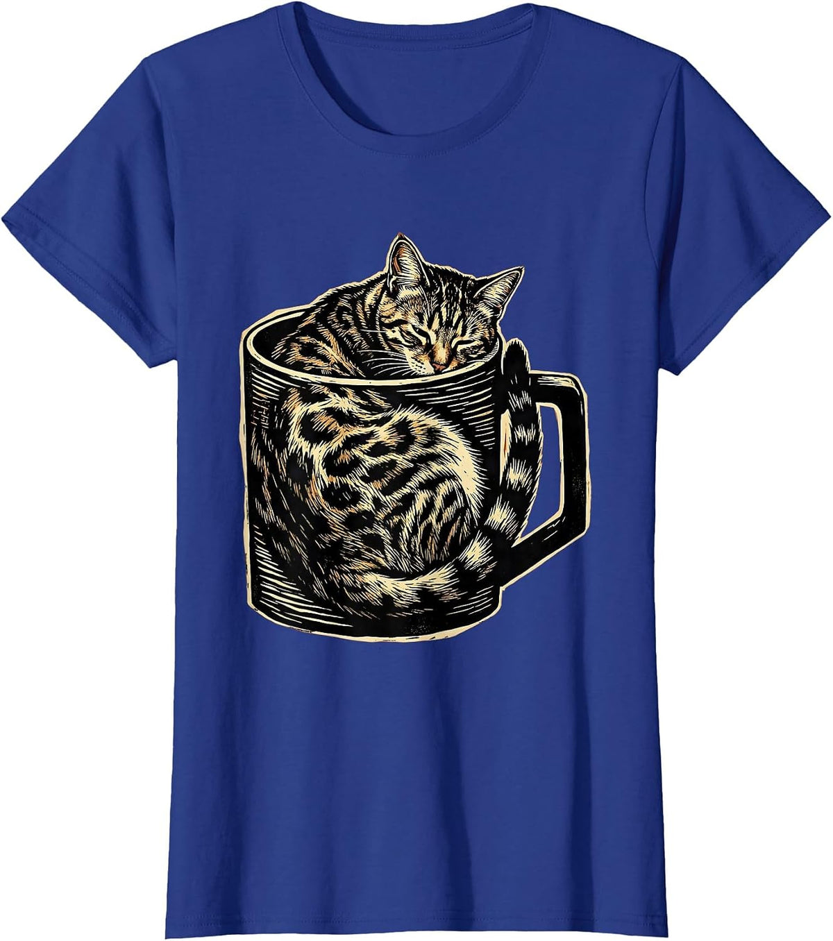 Women's Bengal Cat Curled in Coffee Mug Cute Cozy Design T-Shirt - Royal Blue