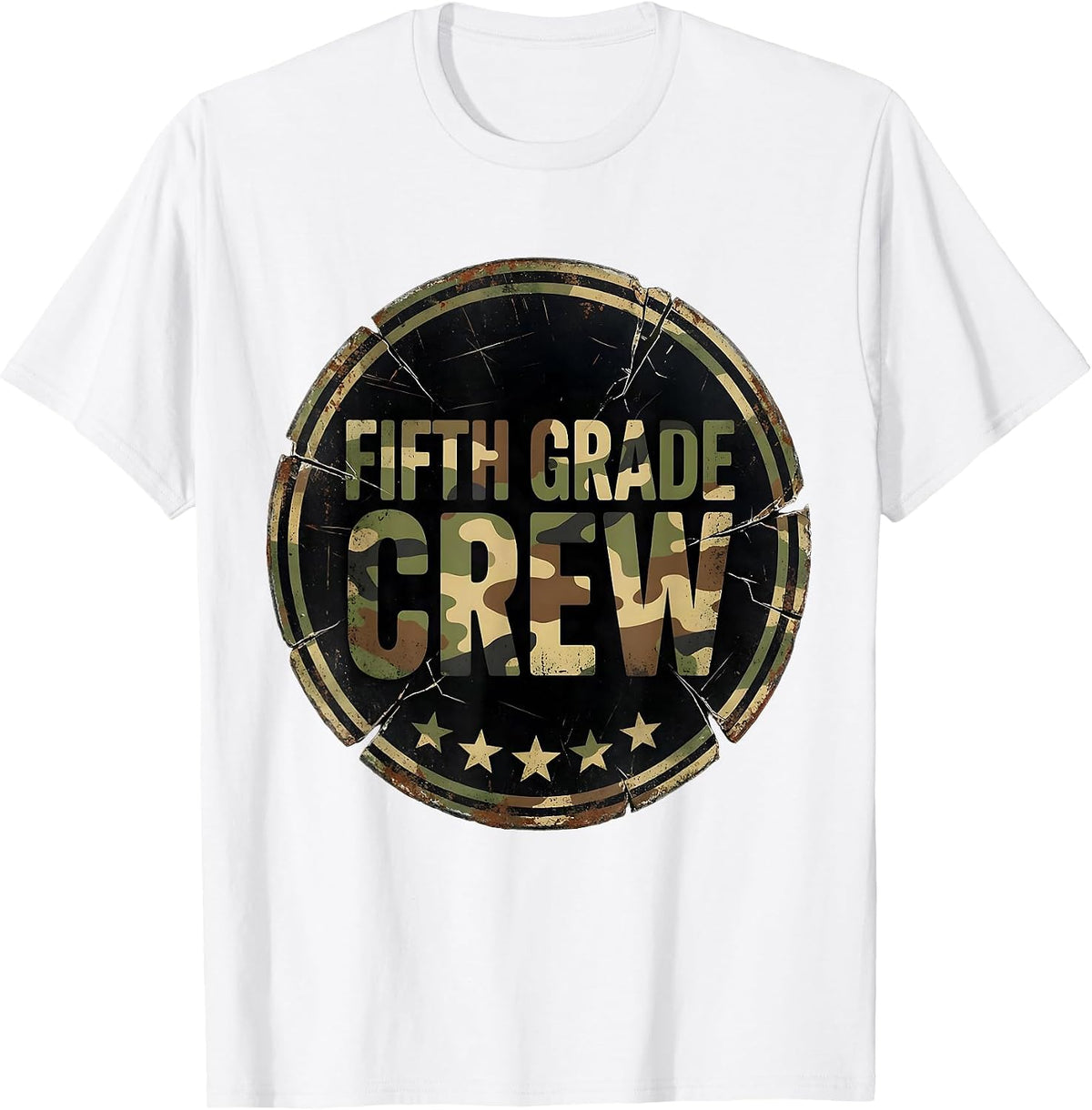 Men's Fifth Grade Crew Distressed Camo Back To School Boys Teacher T-Shirt - White