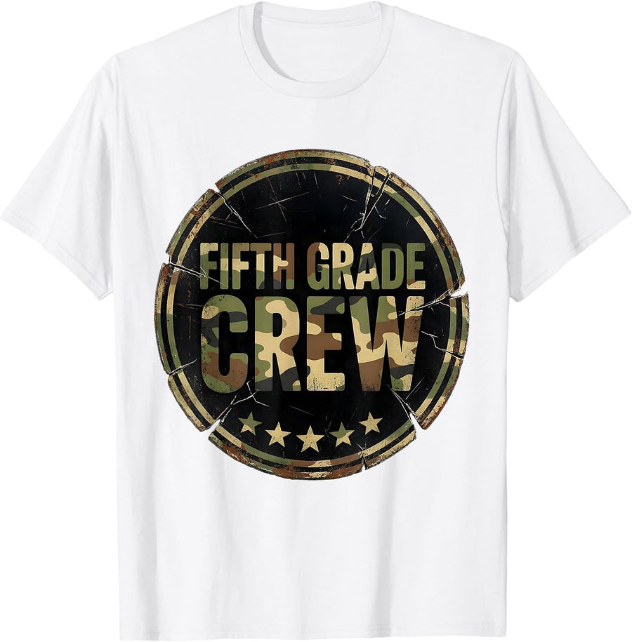 Men's Fifth Grade Crew Distressed Camo Back To School Boys Teacher T-Shirt - White