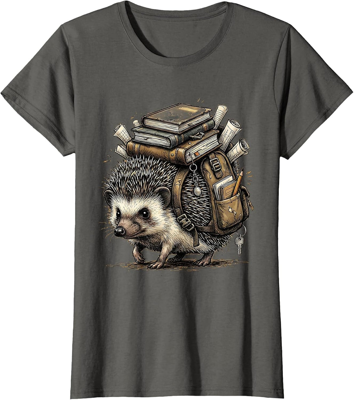 Women's Cute Hedgehog Teacher Bookworm Graphic T-Shirt - Asphalt Grey