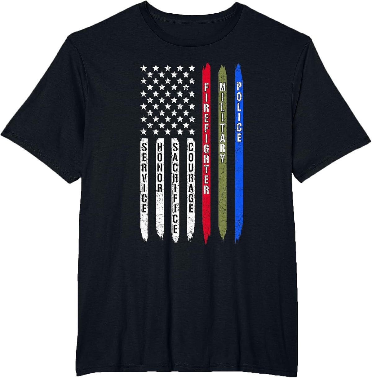 Police Military Fire Firefighter Thin Line USA American Flag T-Shirt - Black