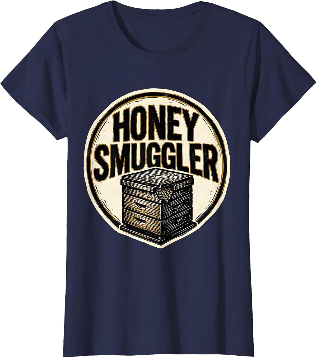 Women's Honey Smuggler Linocut Beekeeper Humor Vintage Craft Pride T-Shirt - Navy Blue