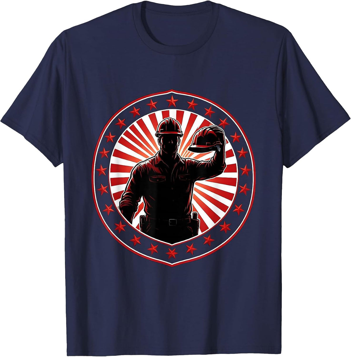 Construction Worker Sunset Hardhat Graphic T-Shirt - Navy Blue