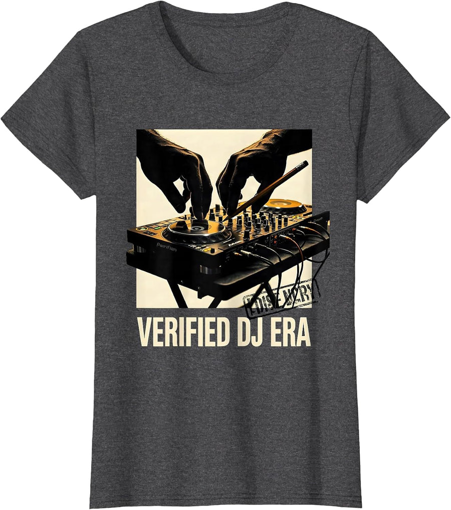 Women's Verified DJ Era Retro Hip Hop Golden Era Lyric Quote T-Shirt - Dark Heather Grey