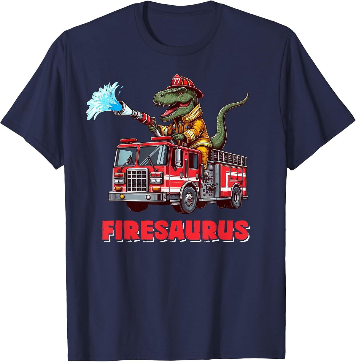 Firesaurus Firefighter Fire Truck T-Rex Dinosaur Lover Kids T-Shirt - Navy Blue